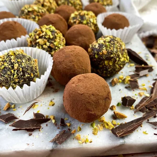 Iranian Shahabi date truffles with chocolate coating in gift box