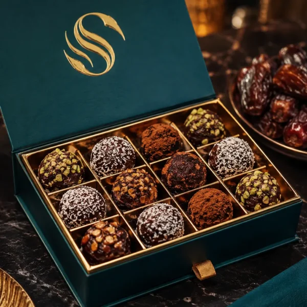 Premium chocolate coated date truffles with hazelnut filling by Silvaro