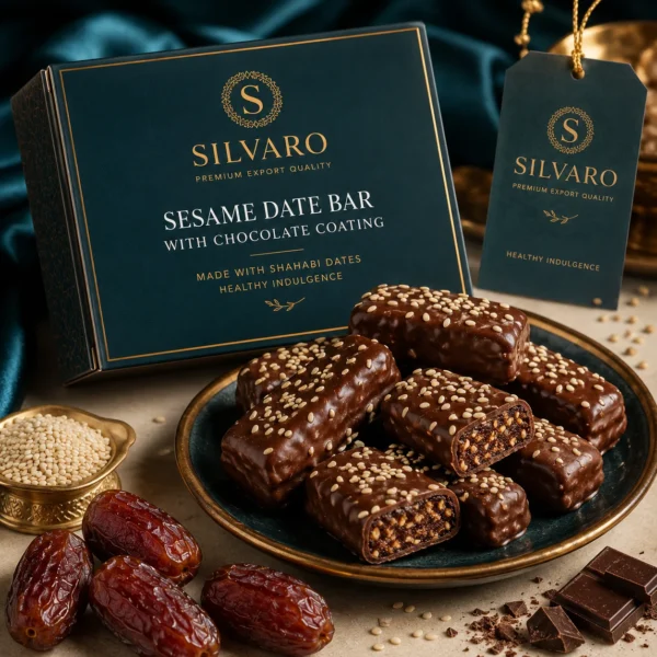 Sesame date bar with chocolate coating made from Iranian Shahabi dates